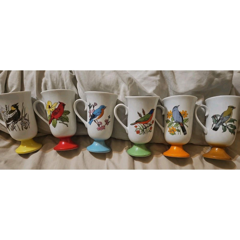 Vintage 1970's SET 6 Song Bird Pedestal Mugs Irish Coffee Cups FRED ROBERTS CO